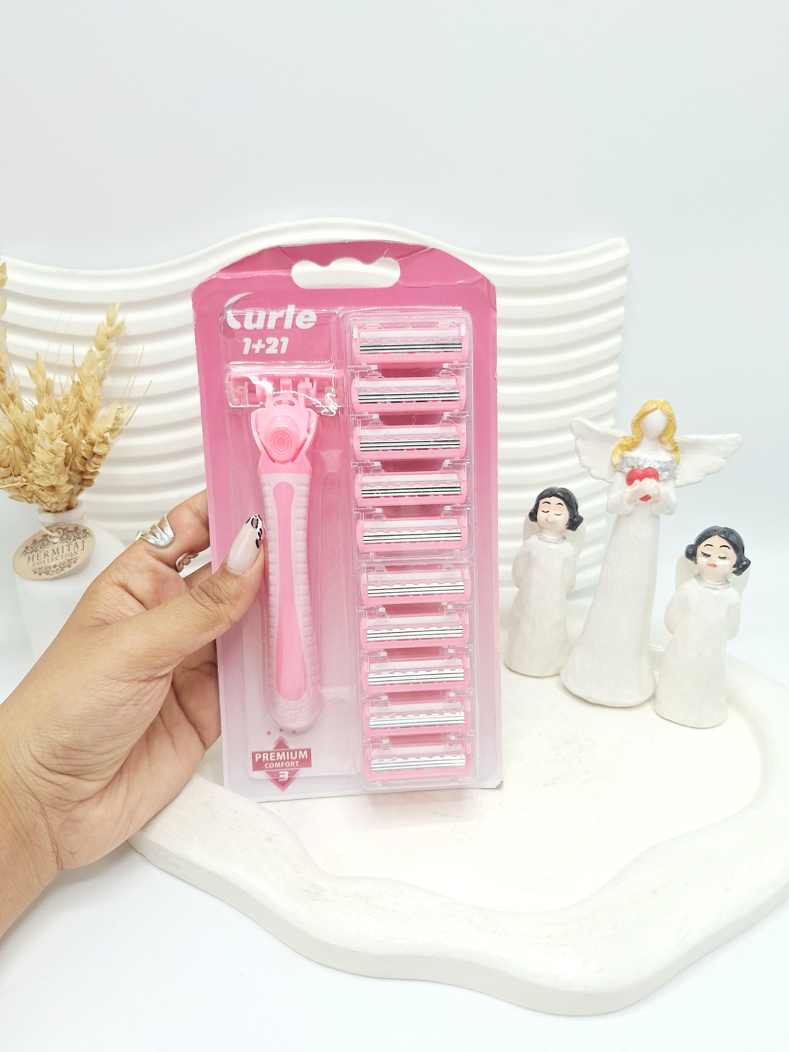 پک ژیلت و دسته تیغ 10 تایی زنانه رنگ صورتی curte کد 8800